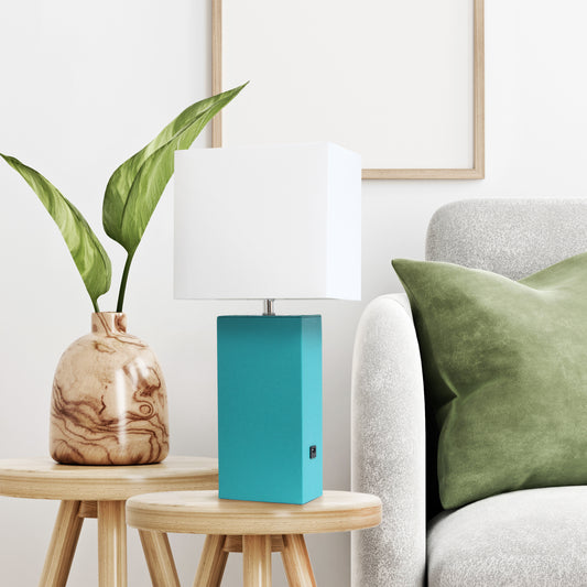 Lalia Home Lexington 21_ Leather Base Modern Home DŽcor Bedside Table Lamp with USB Charging Port for Living Room, Bedroom, Entryway, Foyer, or Office with White Rectangular Fabric Shade, Teal