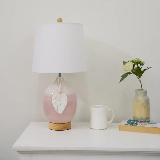 VNT Signature Ceramic Table Lamp with Blue Ombre Base, Wooden Accent, White Fabric Shade, Decorative Tassel, Modern Lighting, UL Listed