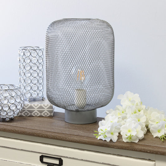 Simple Designs 11.8_ Compact and Vintage Mesh Uplight Table Lamp, for Living Room, Bedroom, Office, Gray