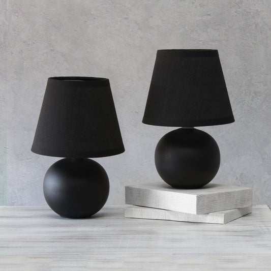 Simple Designs 8.66_ 2-Pack Chic Little Globe Ceramic Table Lamp Set with Matching Tapered Shade, for Living Room, Bedroom, Office, Black