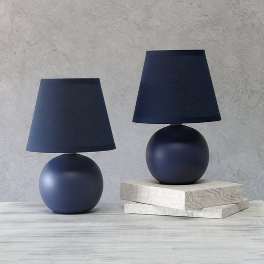 Simple Designs 8.66_ 2-Pack Chic Little Globe Ceramic Table Lamp Set with Matching Tapered Shade, for Living Room, Bedroom, Office, Blue