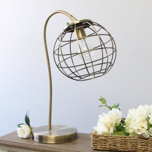 Elegant Designs 20_ Arched Industrial Glow Caged Shade Table Lamp, for Living Room, Bedroom, Office, Antique Brass