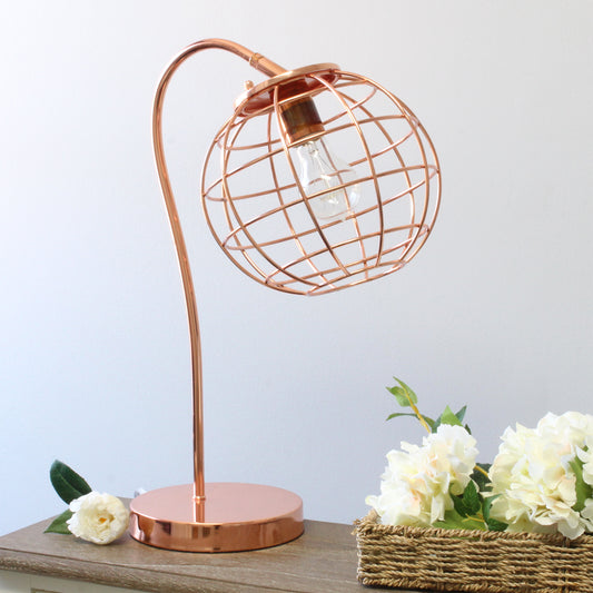 Elegant Designs 20_ Arched Industrial Glow Caged Shade Table Lamp, for Living Room, Bedroom, Office, Rose Gold