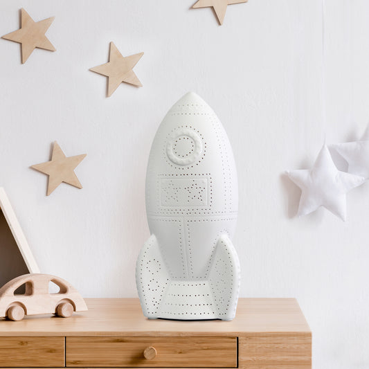 Simple Designs 12.5_ Over the Moon Rocket Ship Porcelain Table Lamp Night Light, for Bedroom, Nursery, Space Theme, White