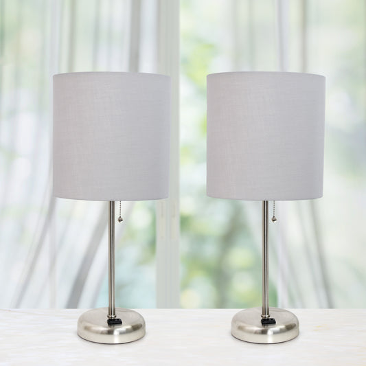 Simple Designs 19.5_ 2 Pack Brushed Steel Stick Table Desk Lamp Set with Charging Outlet and Drum Fabric Shade for Living Room, Hallway, Nightstand, Office, Gray Shades