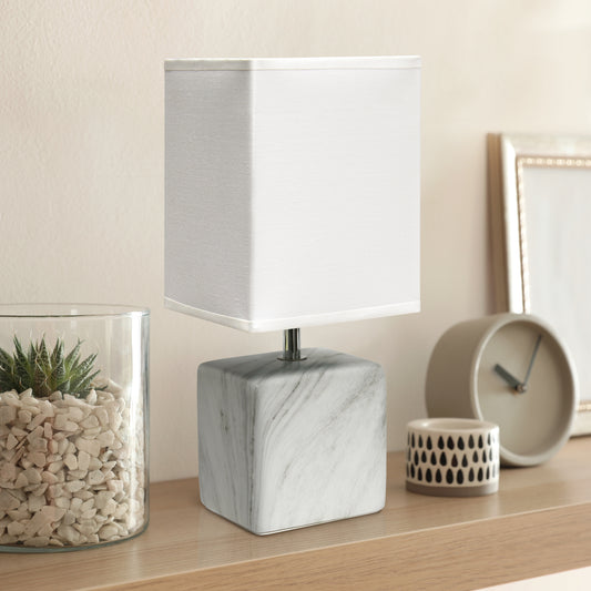 Simple Designs Petite Marbled Ceramic Table Lamp with Fabric Shade, White with White Shade