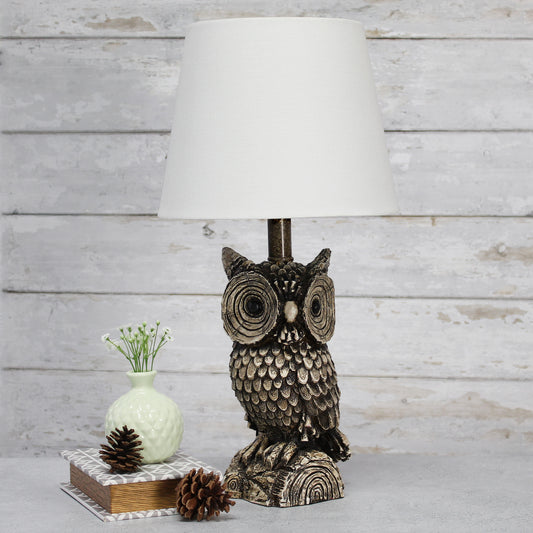 Simple Designs Woodland 19.85_ Tall Contemporary Polyresin Gazing Brown and White Night Owl Novelty Bedside Table Desk Lamp with White Tapered Drum Fabric Shade