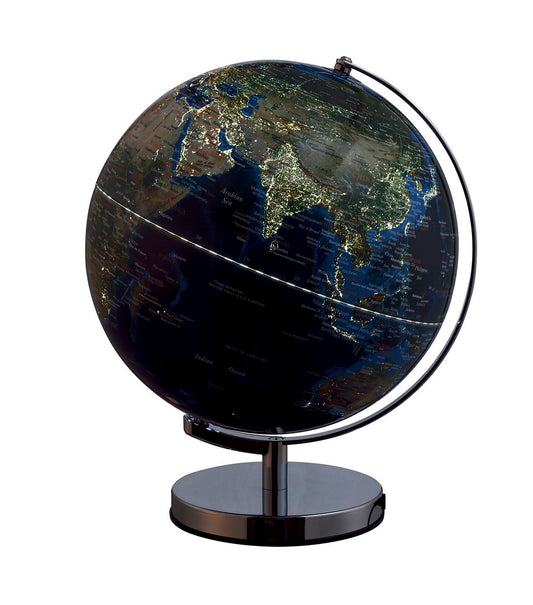 15" Tall Globe with LED lights on Big Cities, Chrome Frame