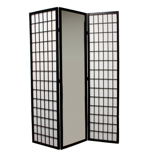 70" Tall 3-Panel Screen / Room Divider with Mirrors, Black finish