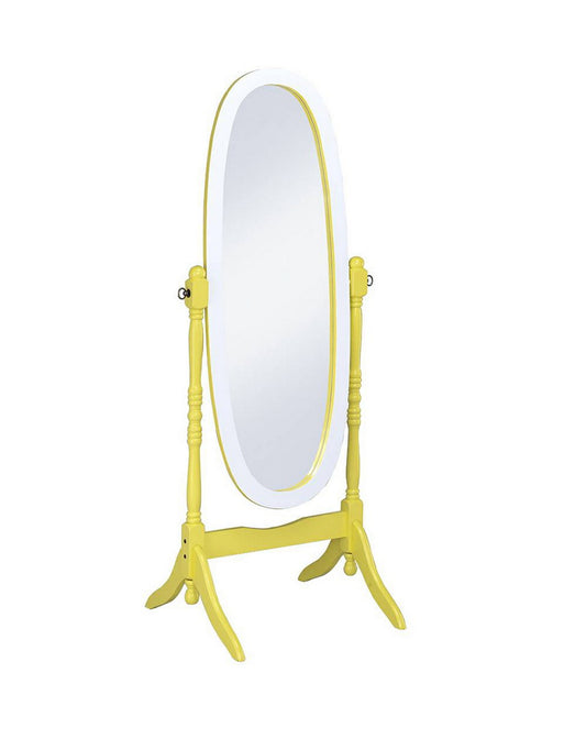 59.25" Tall "Cheval" Standing Oval Mirror with Wooden Frame, Yellow and White