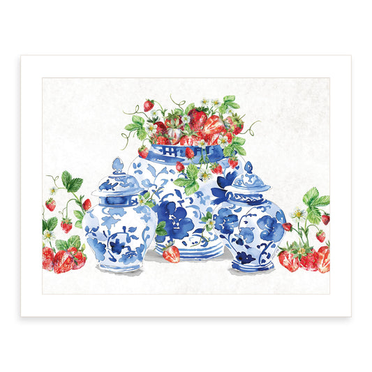 "Ginger jars and Strawberries" by Nicole DeCamp , Ready to Hang Framed Print, White Frame