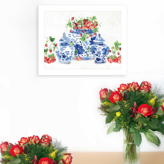 "Ginger jars and Strawberries" by Nicole DeCamp , Ready to Hang Framed Print, White Frame
