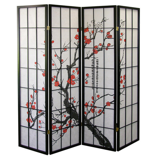 70" Tall 4-Panel Screen / Room Divider, Plum Blossom Design with Black finish