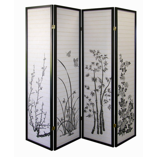 70" Tall 4-Panel Screen / Room Divider, Floral Design with Black finish