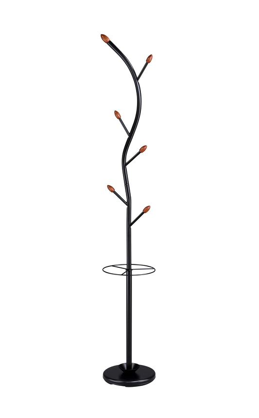 76-Inch-Long Billie Black Tree Coat Rack Walnut Hooks w/ Umbrella Stand