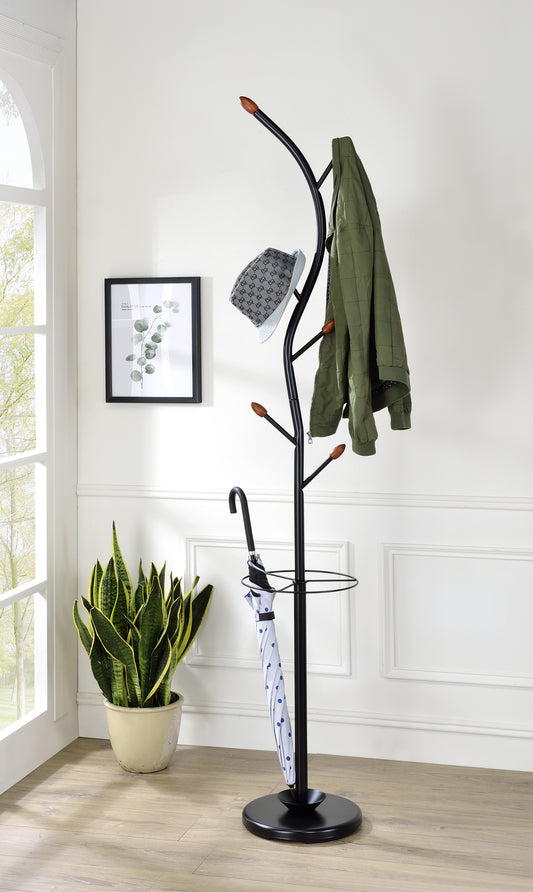 76-Inch-Long Billie Black Tree Coat Rack Walnut Hooks w/ Umbrella Stand