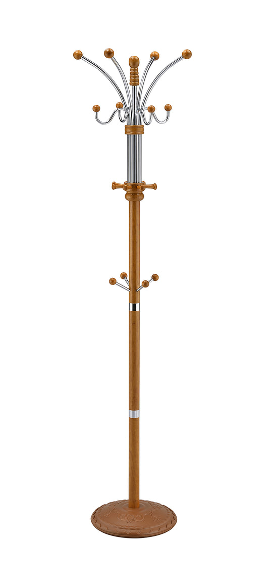 73" Tall Chrome and Wood Coat Rack, Oak finish