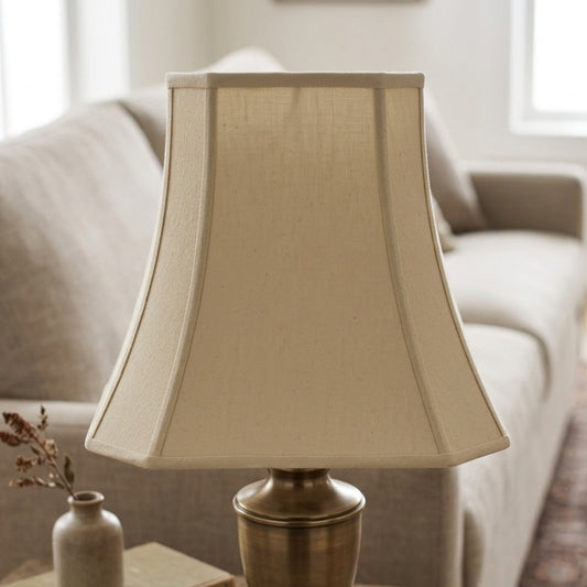 Cloth & Wire Cut Corner Square Bell Softback Lampshade with Washer Fitter, Tan Color Fabric Lampshade for Table Lamps, Natural Linen, 9" Top x 16" Bottom x 13" Height