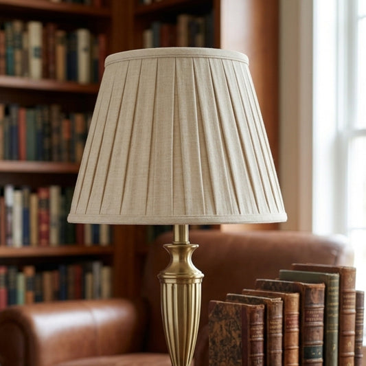 Cloth & Wire Box Pleat Softback Lampshade with Washer Fitter, Oatmeal Color Fabric Lampshade for Table Lamps, Natural Linen, 9" Top x 14" Bottom x 9" Height