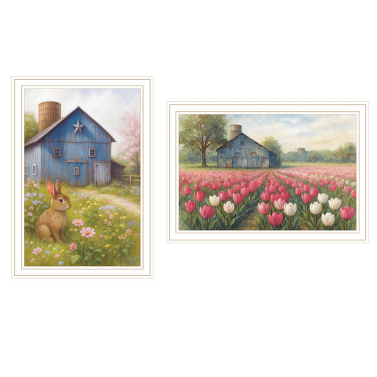 "Bunny enjoying Spring and Tulips" 2-Piece Vignette by Anthony Smith Ready to Hang Framed Print, White Frame