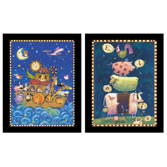 "Animal Stark-Starry Ark II" 2-Piece Vignette by JGS Studios Ready to Hang Framed Print, Black Frame