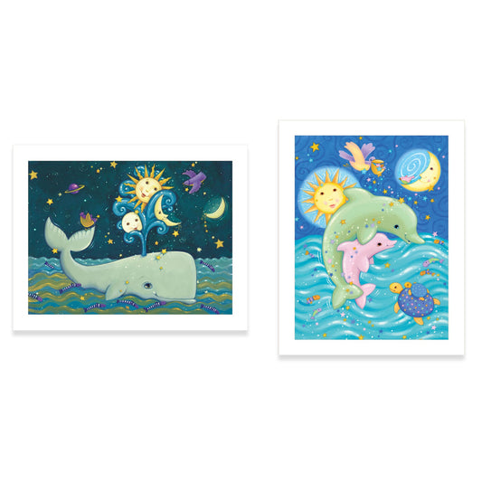 "Sunny Whale & Animal Babies II" 2-Piece Vignette by JGS Studios Ready to Hang Framed Print, White Frame