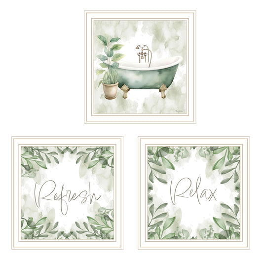 "Fresh Bath Oasis"  3-Piece Vignette by Nicole DeCamp  Ready to Hang Framed Print, White Frame